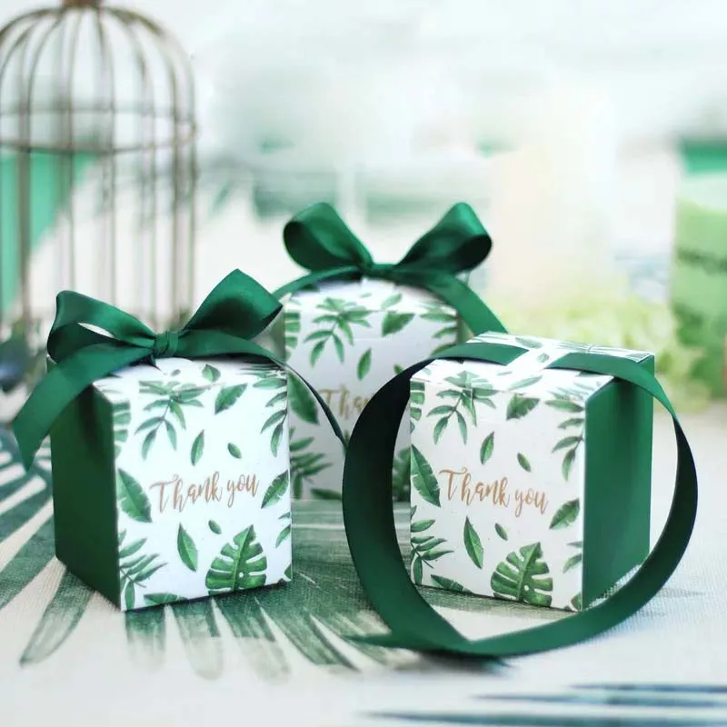 50pcs/lot 6X6X7CM Thank you GREEN Candy Box with ribbon chocolate gift boxes wedding souvenirs favors and gifts | Дом и сад