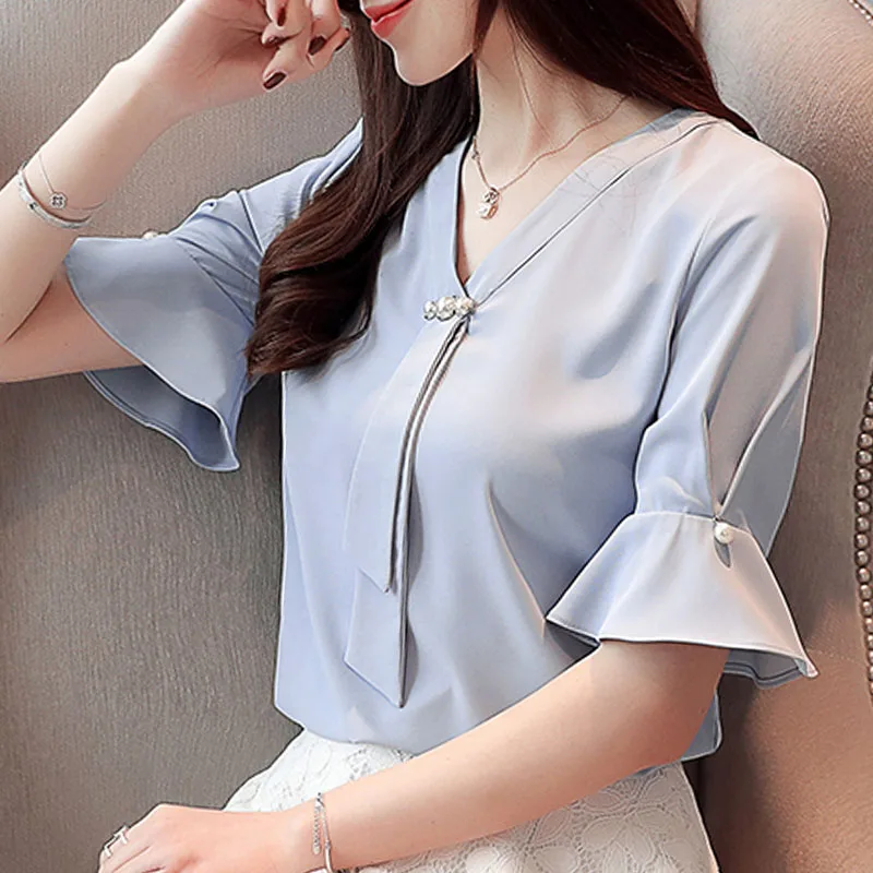 

Women tops and blouse 2019 ladies tops chiffon blouse shirt shirts short sleeve women beading V-Neck Flare Sleeve