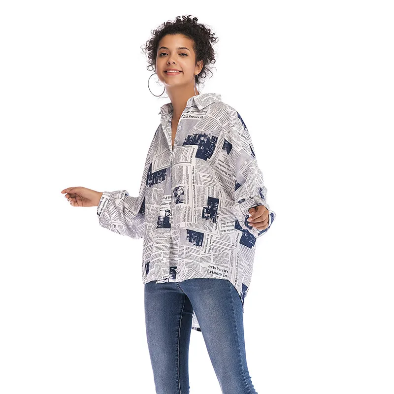 

2019 fashion newspaper printed long-sleeved blouse comfortable loose letter printing long turn-downcollar lapels women's blouse