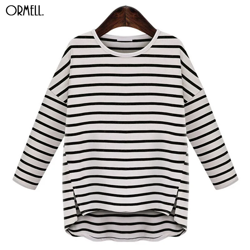 ORMELL Women Loose Side Split Long T Shirt O-Neck Sleeve Shirts Bacis Brief Stripped Femininas European Casual Tops | Женская одежда