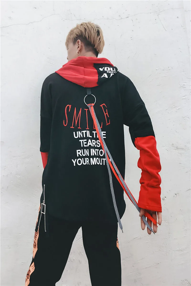 Swag, пуловер, толстовки, мужские, с разрезом по бокам, Лоскутная, негабаритная, толстовка, мужские, модные, длинные, толстовки, мужские, в стиле хип-хоп, с лентой, худи Rap