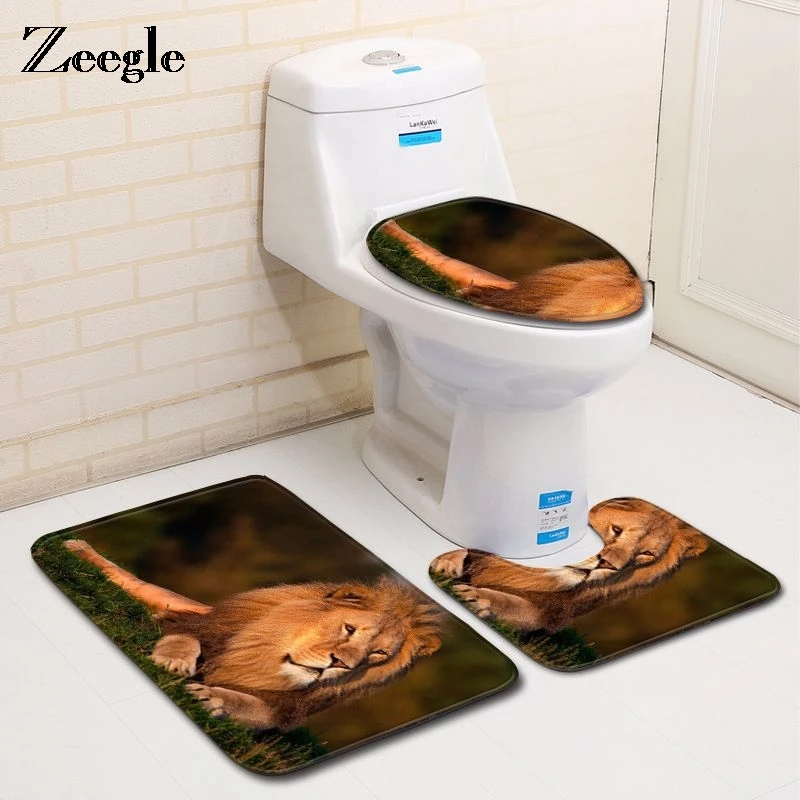 

Zeegle 3Pcs Bath Mats Bathroom Carpet Coral Fleece Toilet Mats Kitchen Rugs Shower Room Rugs Bathroom Carpet Lion Pattern Mat