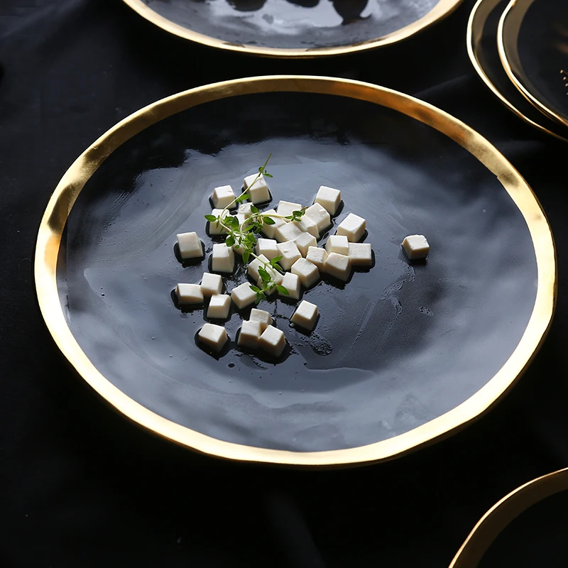 Ceramic Dishes Plates Creative Gold Side Black Matte Steak Dessert Tray Kitchen Dinner European Style Retro Tableware | Дом и сад
