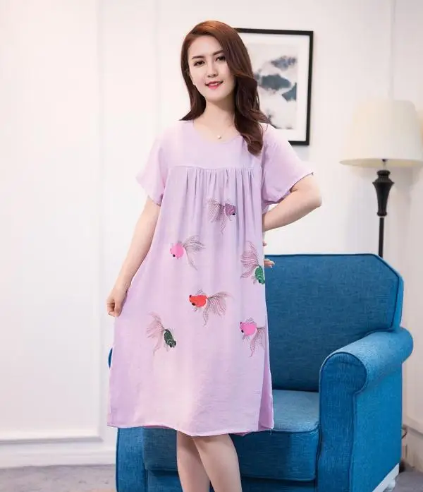 light purple 2 Летние новые женские пижамы с круглым вырезом удобные с короткими рукавами ночная рубашка Свободные хлопчатобумажные рубашки пижамы плюс размер - Цвет: light purple 2