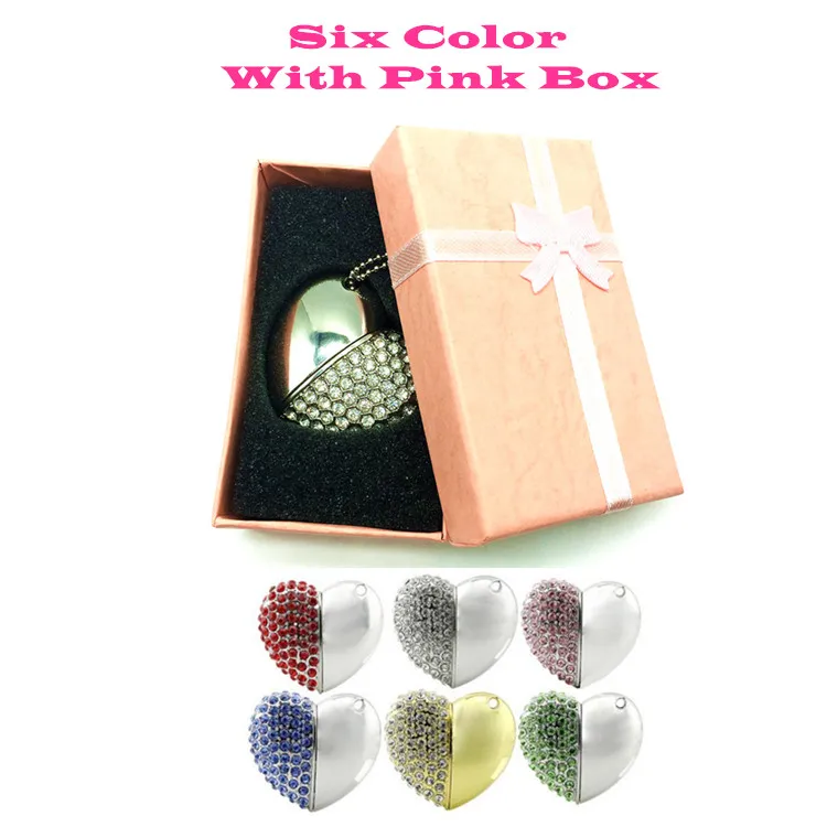 

6 Colors Metal heart pendrive + Nice Pink Box 4GB 8GB 16GB 32GB 64GB Diamond Heart USB 2.0 Flash Drive Memory Stick nice Gift