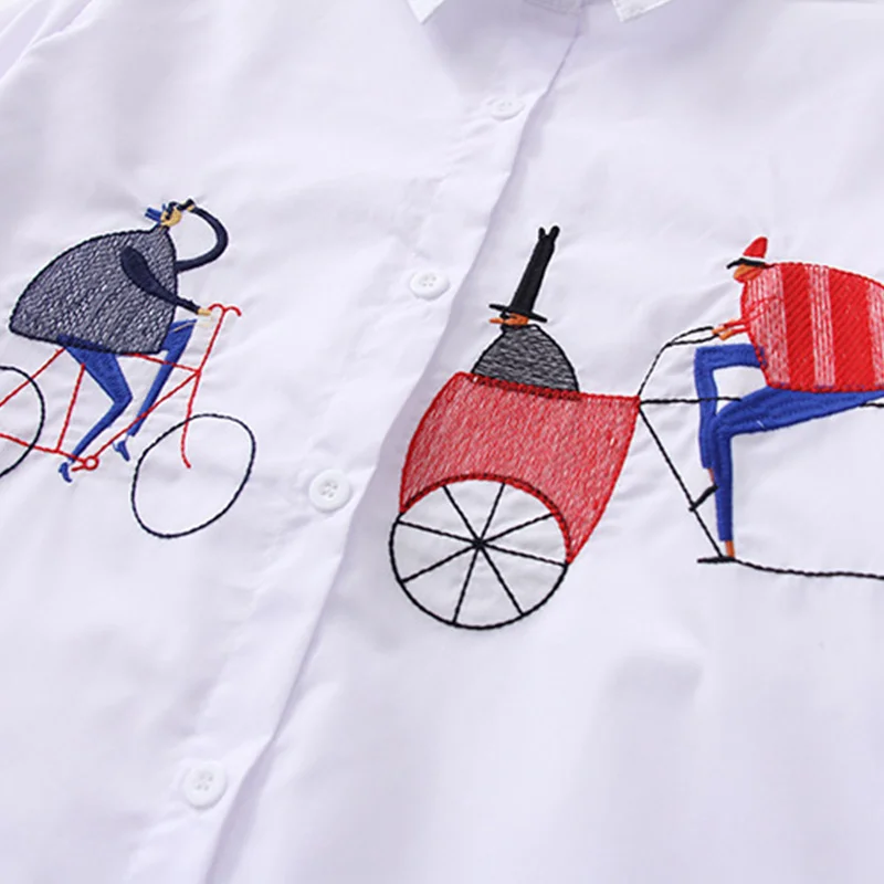 Летняя Женская Длинная блузка с вышивкой из мультфильма 2020 хлопок кошка