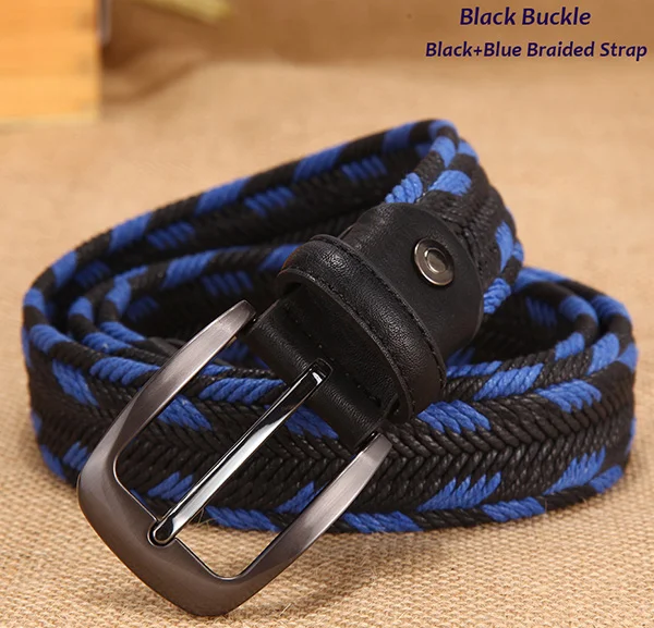 Black Blue Braided Дизайнерский ремень для женщин, модные мужские ремни, плетеные тканые унисекс поясы, не эластичные, без отверстий, 100-160 см, длина талии 35-62 дюйма - Цвет: Black Blue Braided