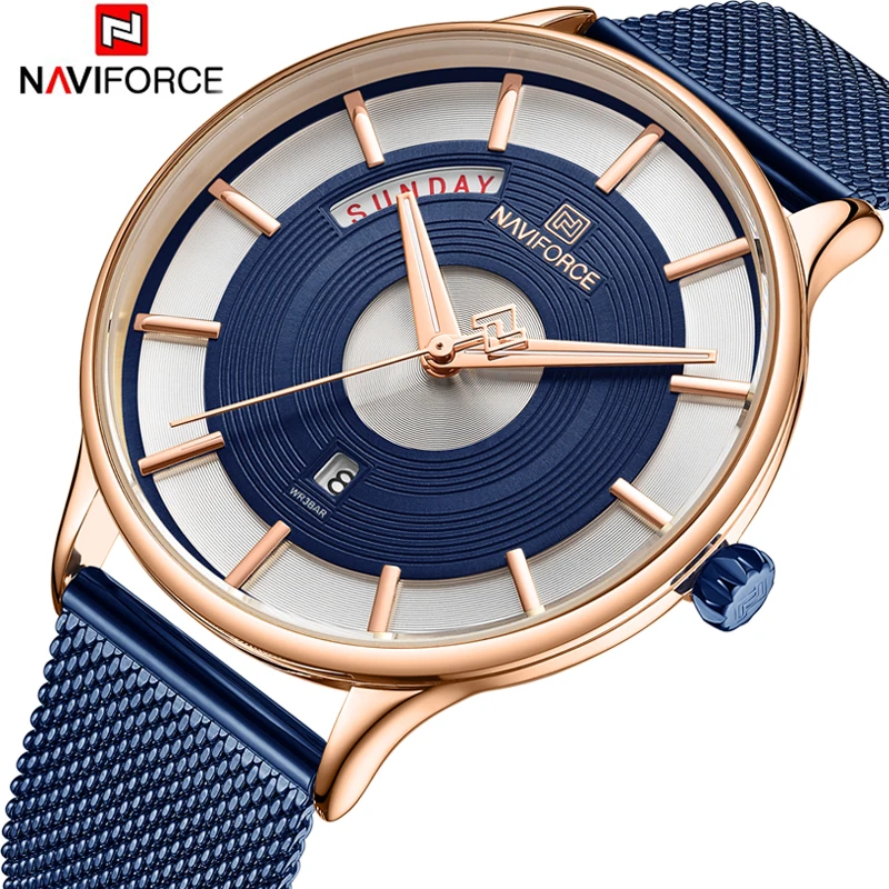 Мужские наручные часы NAVIFORCE брендовые Роскошные Кварцевые со стальным сетчатым