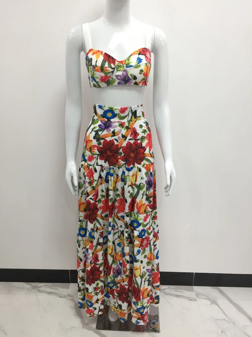 Летнее платье с цветочным принтом 2 предмета 2019 женское длинное бантом и