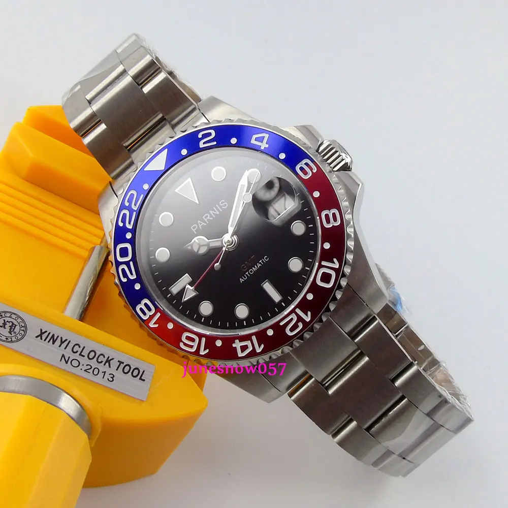 Часы Parnis 40 мм черный циферблат GMT синий красный ободок сапфировое стекло