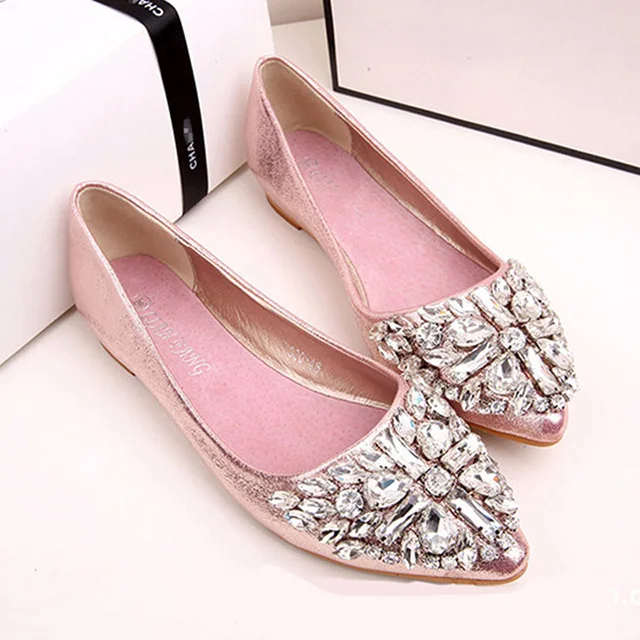 Pink Модные туфли на плоской подошве с кристаллами; женская обувь; повседневные туфли-лодочки с острым носком на низком каблуке; женские лоферы на плоской подошве; свадебные туфли со стразами - Цвет: Pink
