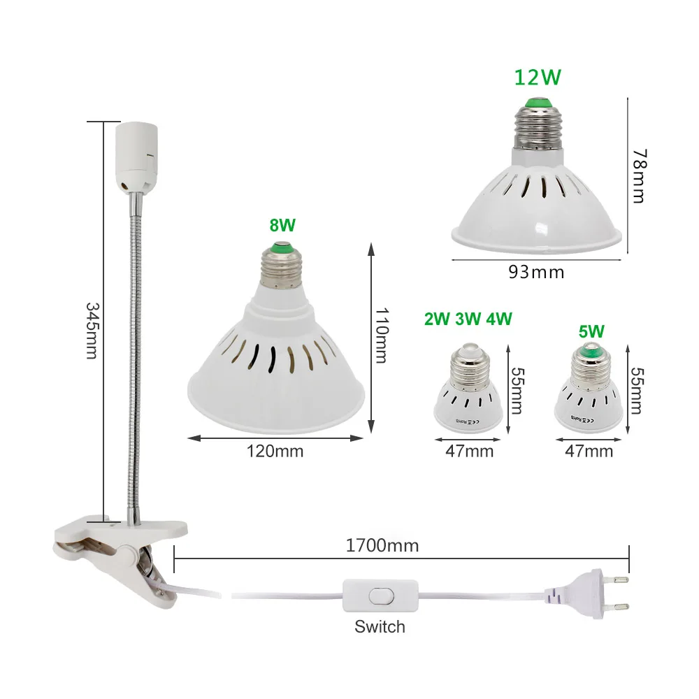 60 126 200 12 Вт светодиодный Grow Light клип Фито E27 2835 5730 SMD лампы для растений-цветочниц на свадьбе, для гидропоники системы Крытый садовый парник