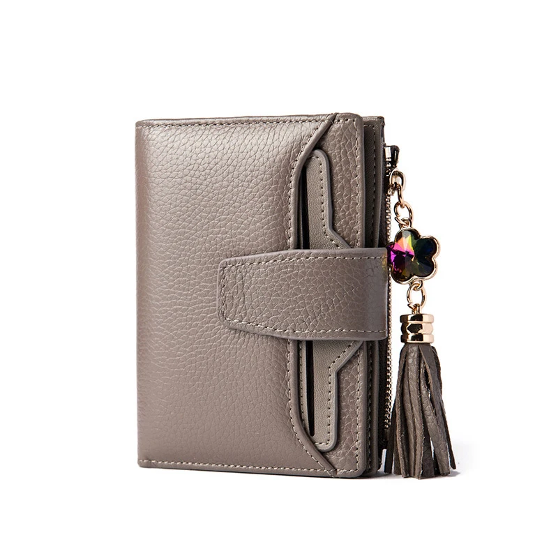 Новое поступление года! Модный роскошный женский короткий кошелек из натуральной кожи, трехкратный кошелек с кисточками и бриллиантами на молнии, сумка для денег из воловьей кожи - Цвет: Dark Grey