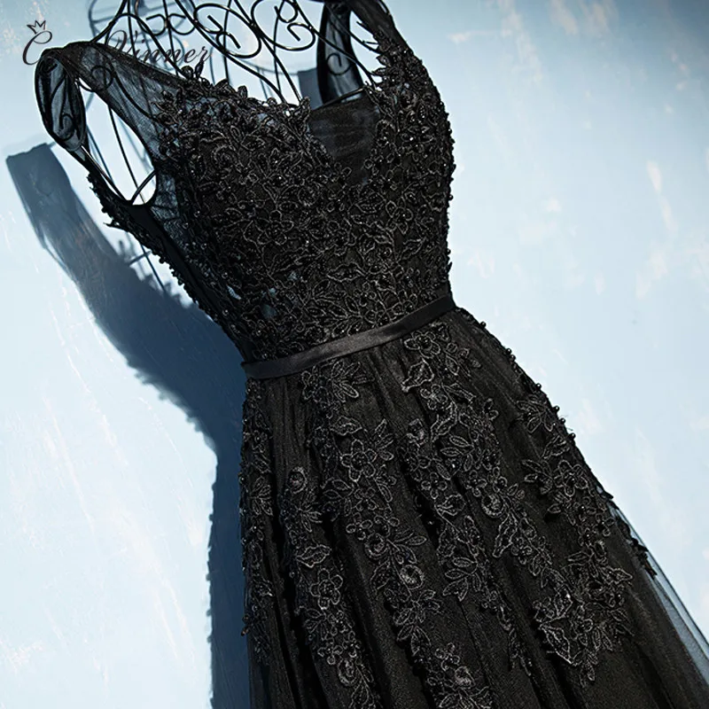 Женское вечернее платье с кружевом черное длинное аппликацией E0027|lace evening dresses|robe