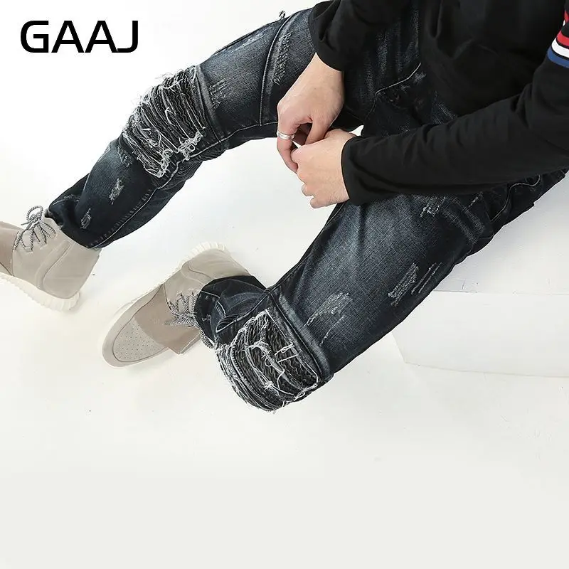 Мужские рваные джинсы в стиле хип-хоп синие байкерские на молнии для мужчин