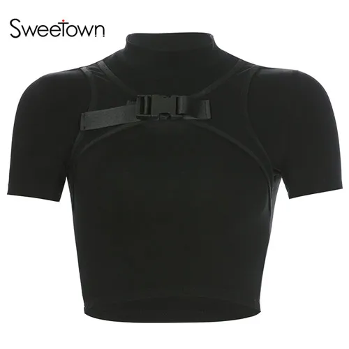 black Sweetown/черная однотонная Базовая футболка с вырезами и пряжкой; короткий рукав; круглый вырез; летний укороченный топ; футболка; Femme Harajuku; Модная рубашка - Цвет: black