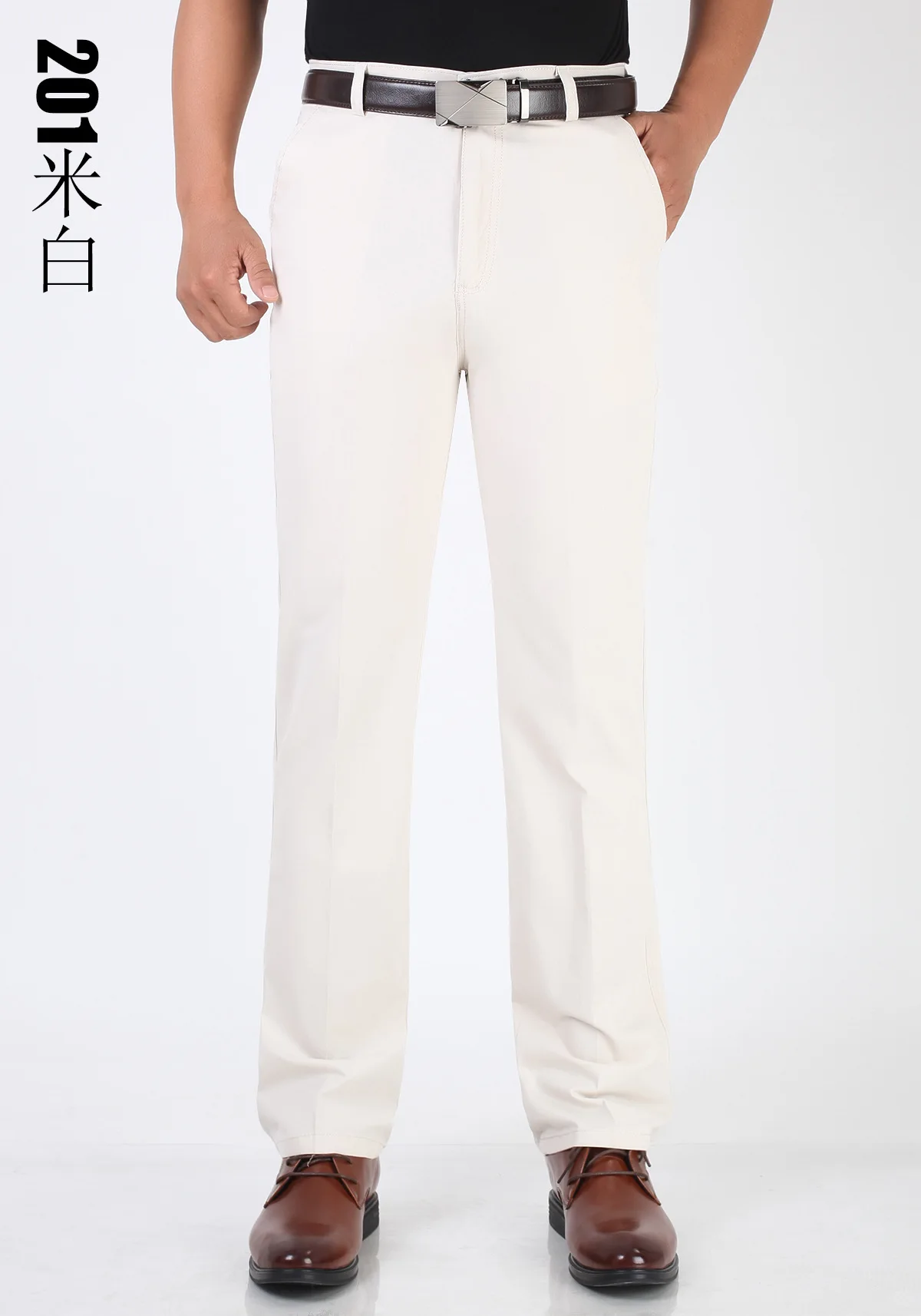 201 beige white Летние тонкие брюки, удобные прямые свободные мужские деловые повседневные брюки, Классические хлопковые брюки с высокой талией, мужские брюки - Цвет: 201 beige white
