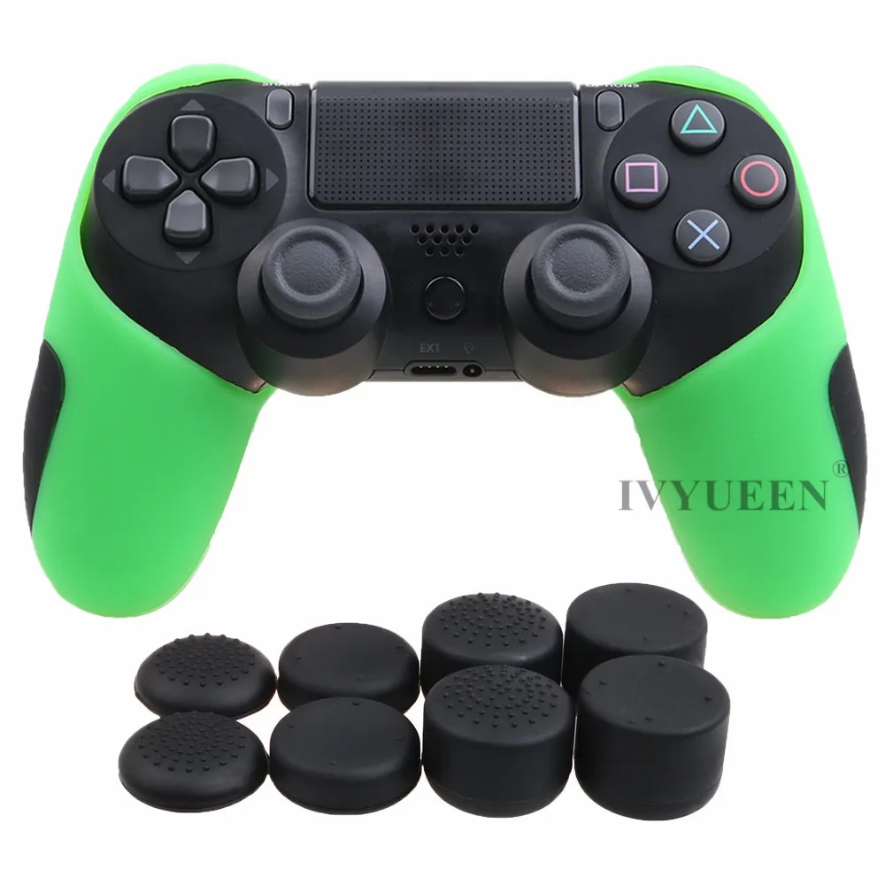 Зеленый IVYUEEN Толстая Половина кожи для playstation Dualshock 4 PS4 Pro тонкий контроллер силиконовый чехол с 8 колпачками - Цвет: Зеленый