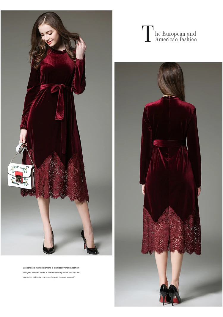 Новое бархатное осеннее платье с длинным рукавом женские черные кружевные