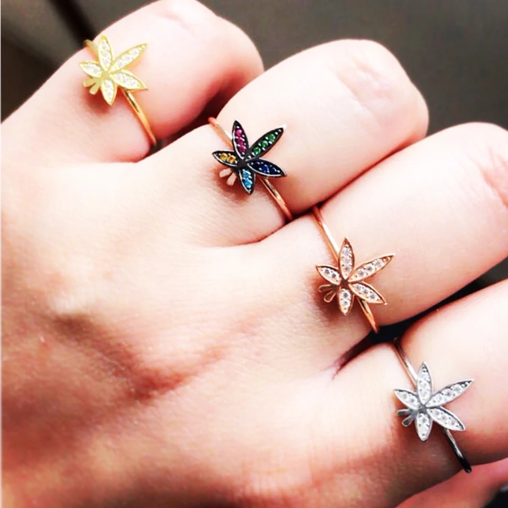 

2019 spring new simple finger ring for women pave colorful cz leaf Gold color ring