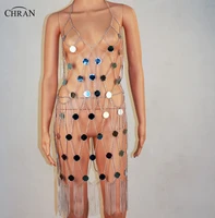 chran 2 pieces mirror neklace disco bandeau bralette crop top sexy metallic chain skirt bikini swimwear party jewelry crm205
