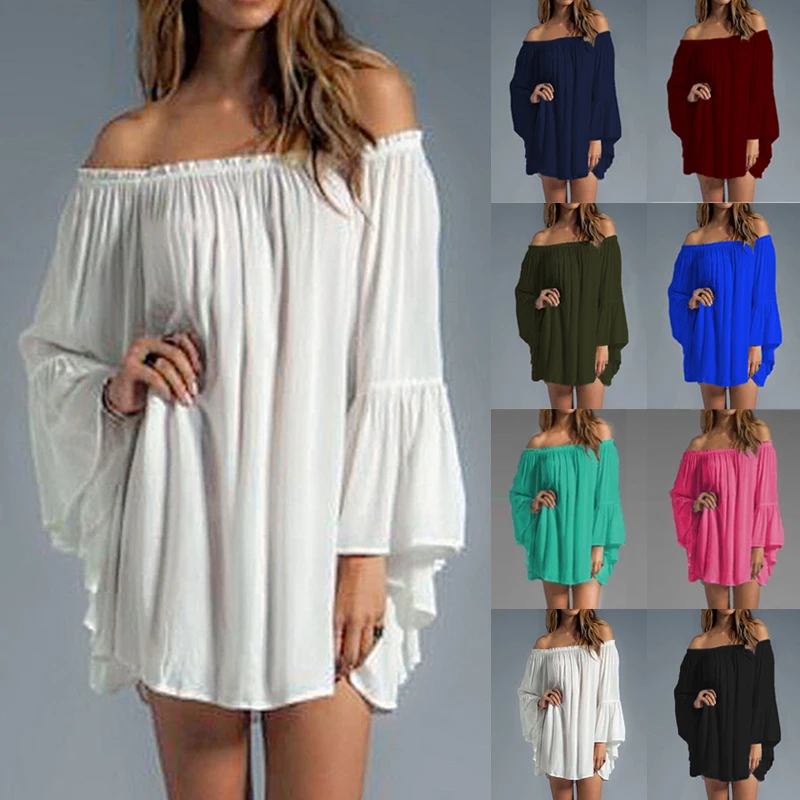 

Women Sexy Off Shoulder Dress Summer Slash Neck Flare Sleeve Casual Loose Mini Short Party Vestidos Plus Size S -3xl