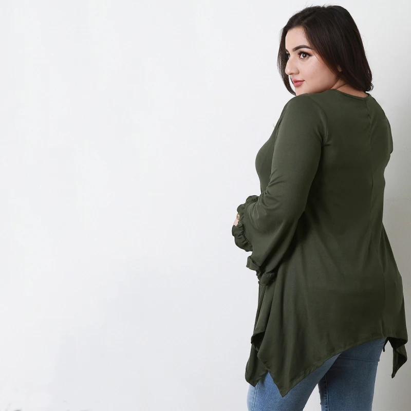 

Ruffles Hem Army Green T Shirt Oversized 2017 Autumn Bufferfly Sleeve Bust Cross Belt Female T-Shirts Plus Size 7XL 6XL Shirts