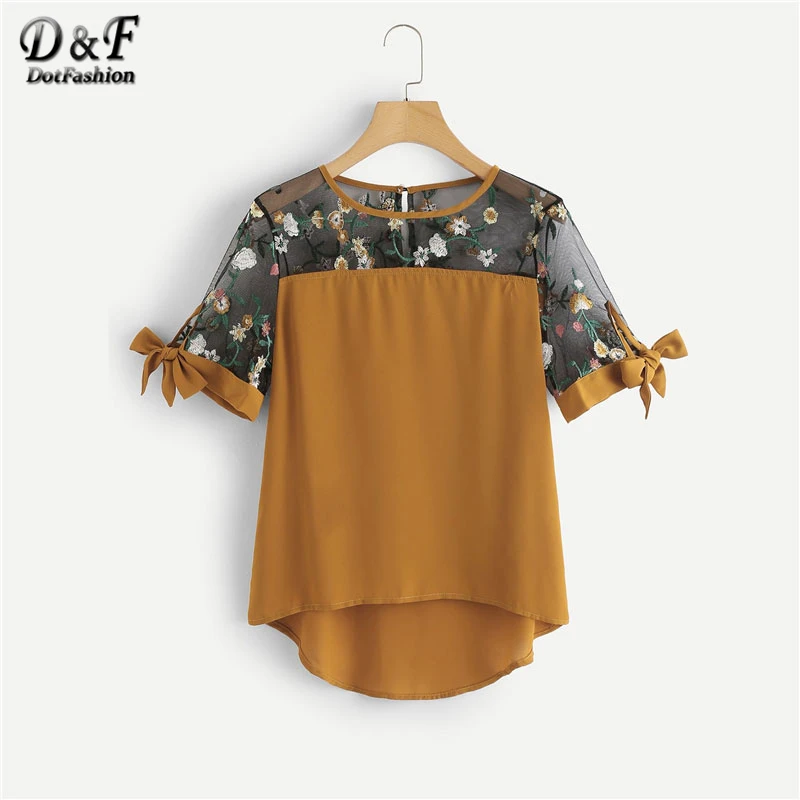 Dotfashion плюс контрастная сетчатая Цветочная вышитая блузка Лето Boho узел Женские топы и блузки женские топы с коротким рукавом