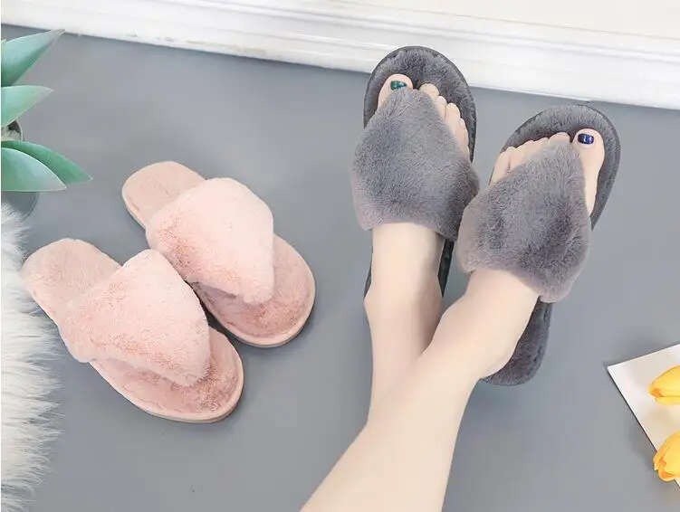Women Slippers Winter Shoes Flat Sweet Slippers Woman Indoor Shoes Fur Warm Soft Slip On Black Pink Grey Female Slipper dd055