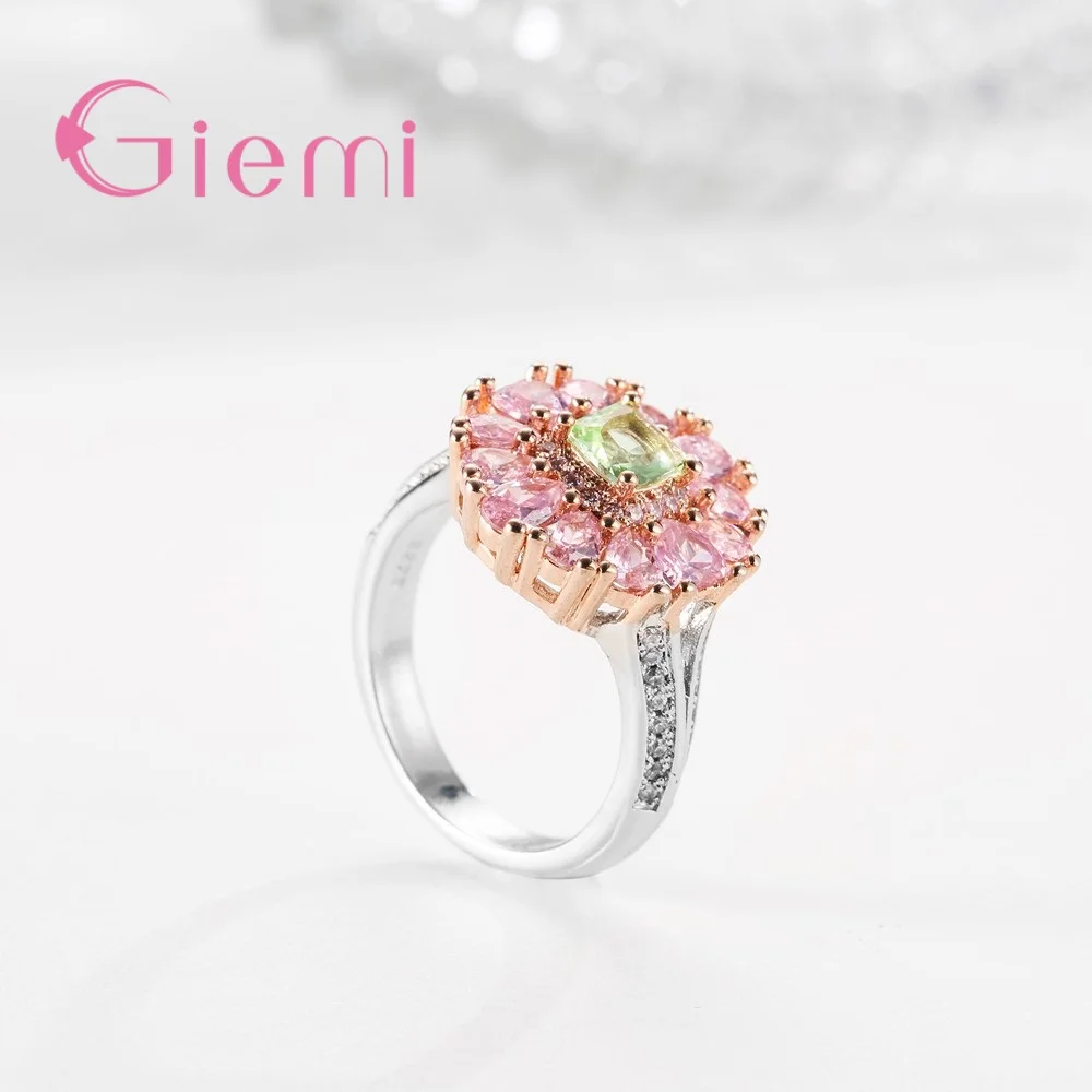 

New 925 Sterling Silver Flower Colorful Shiny Cubic Zircon Novel Rings For Women Girl Wedding Birthday Party Jewelry Gift