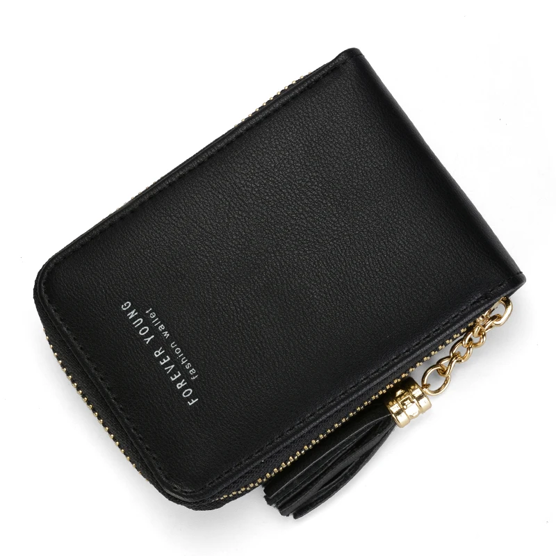 RFID кошелек держатель для карт женский кожаный маленький на молнии с кисточками