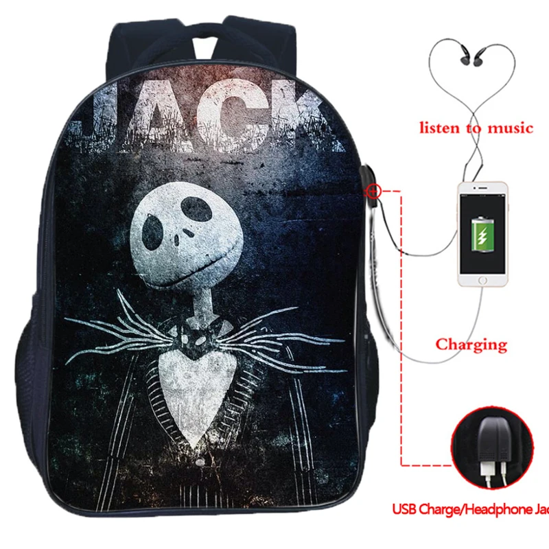The Nightmare Before Christmas Backpack USB Charging Backpack Jack Skellington School Bag Backpacks Multifunctional Travel Bags - Цвет: 19
