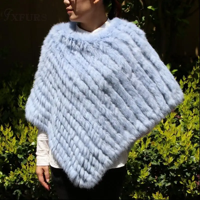 sky blue FXFURS, весна-осень, настоящее Вязаное пончо из кроличьего меха, женские шарфы, натуральный кроличий мех, шаль, треугольная накидка - Цвет: sky blue
