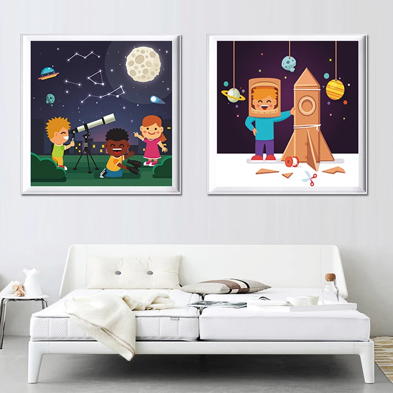 Мультяшная Милая темнота ракета корабль исследует космическое Искусство Холст