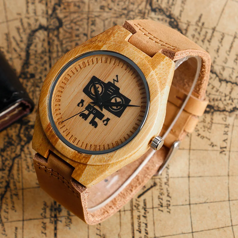 Часы мужские/женские кварцевые аналоговые с бамбуковым ремешком и кожаным |