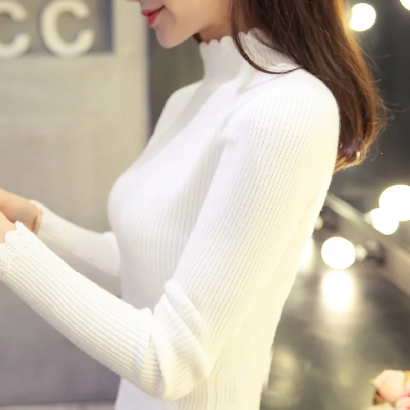 2018 Korean winter sweater female half turtleneck sleeve head bottoming shirt short thick thin slim color thread | Женская одежда