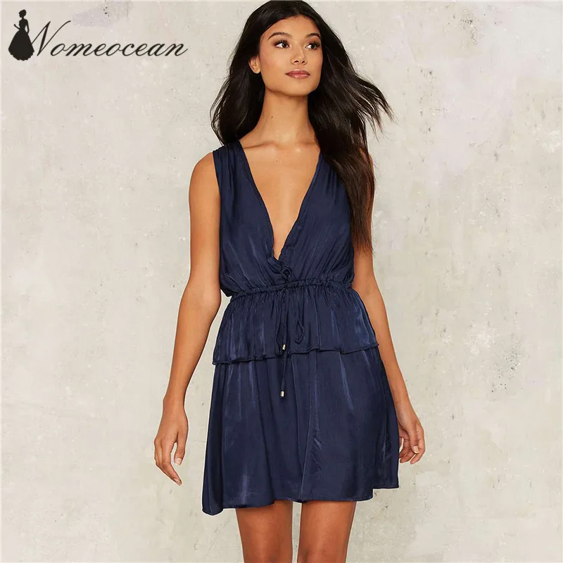 Погружаясь платье Sexy v-образным вырезом Low-Cut Drawstring талии бренда Платья для женщин