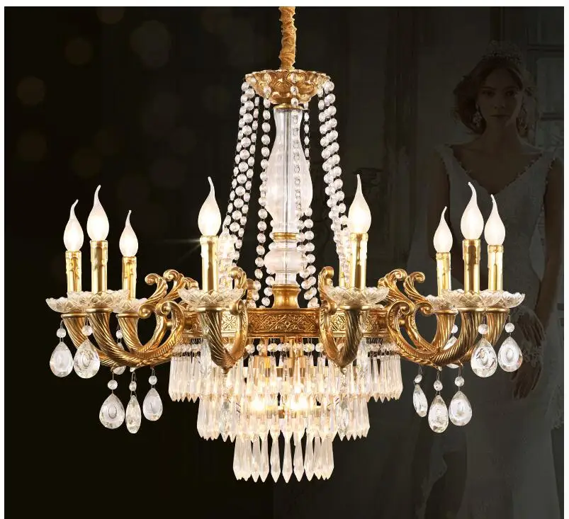 

Бесплатная доставка, Современная медная хрустальная люстра, роскошная латунная хрустальная лампа E14, люстра, подвесной светильник, украшение для дома