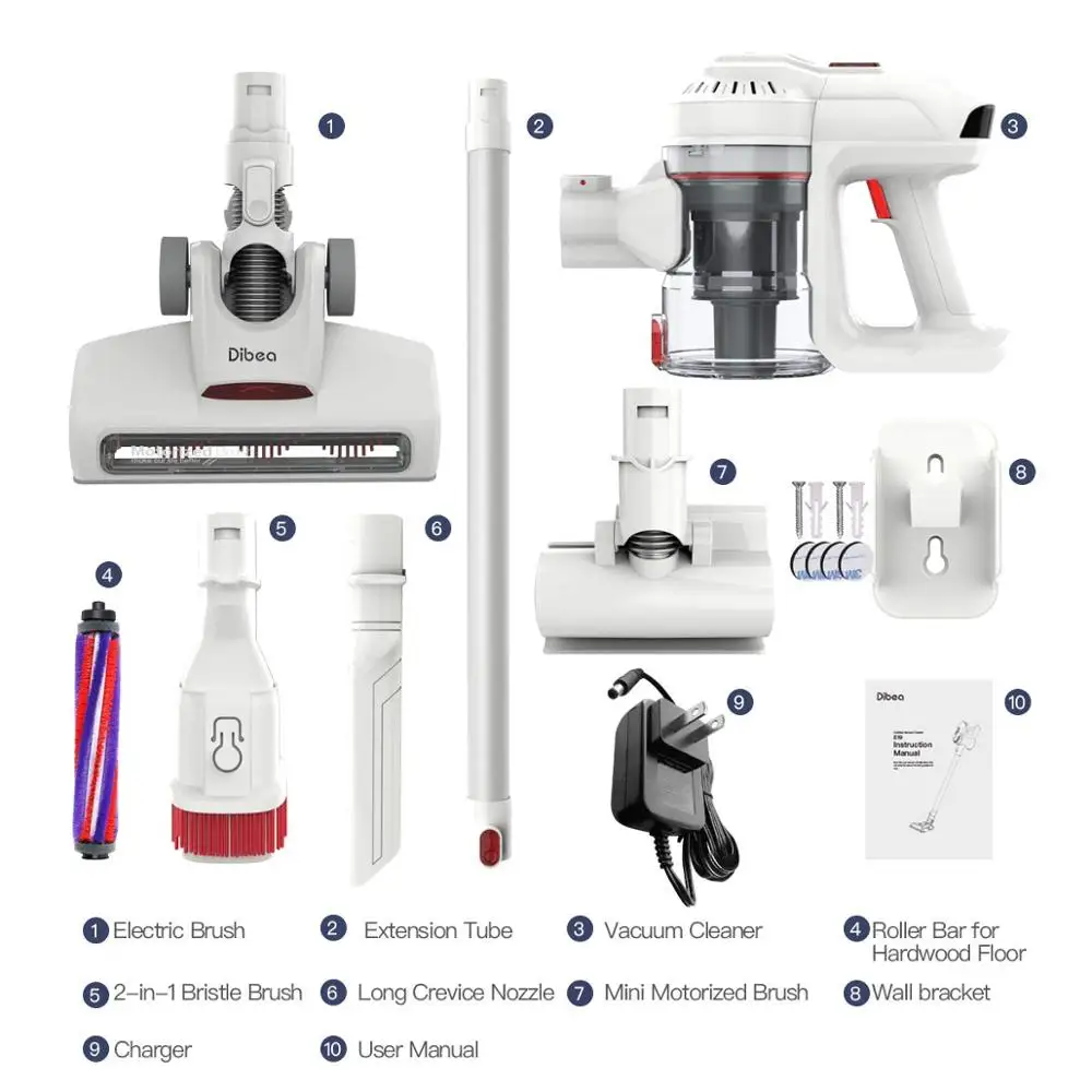 

Dibea 12000Pa Powerful Suction Lightweight Rechargeable Lithium Ion Battery and LED Brush Cordless Stick Vacuum Cleaner