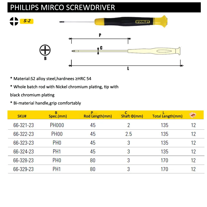 Стэнли 1 шт. микро мини-отвертка phllips PH000 PH00 PH0 PH1 для электронных часов, очков, телефонов, инструменты для обслуживания S2 сталь