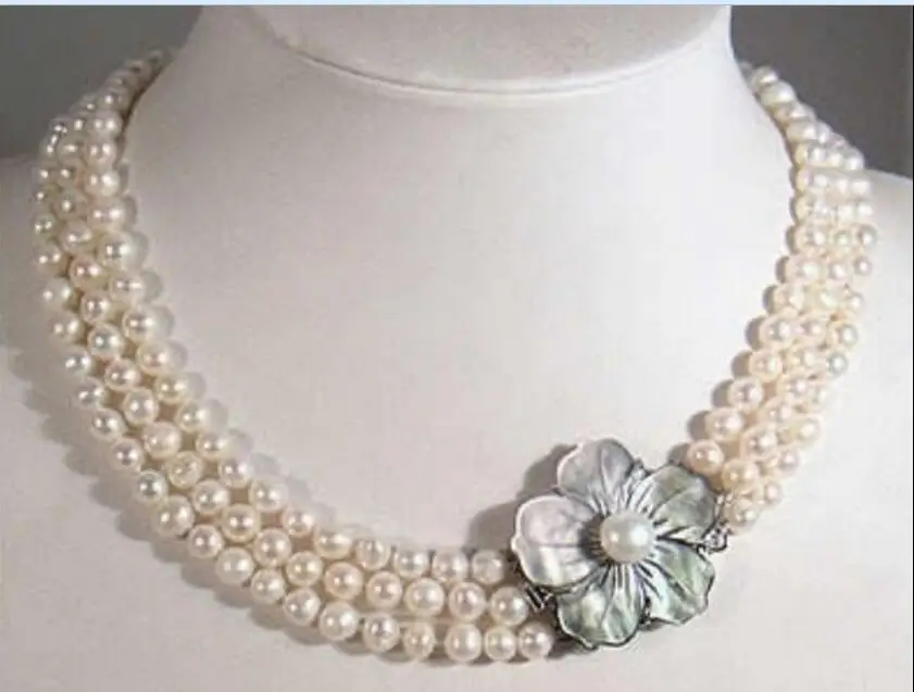 

3 Rows 6-7mm White Akoya Pearl Necklace Shell Clasp