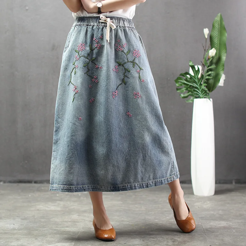 Summer national style retro embroidery powdered washed women denim skirt female elastic waist large size skirts long girl | Женская