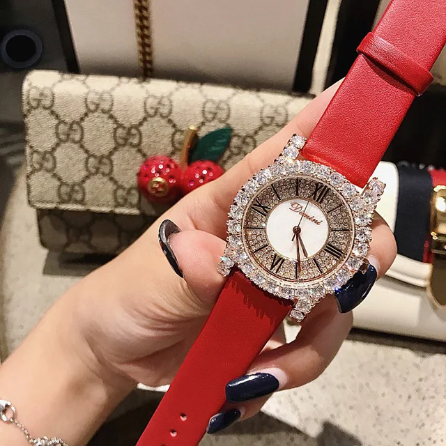 Gold Red Новая стразы женские часы Для женщин платье со стразами часы Мода кожаный ремешок женские часы элегантные женские часы montre femme - Цвет: Gold Red