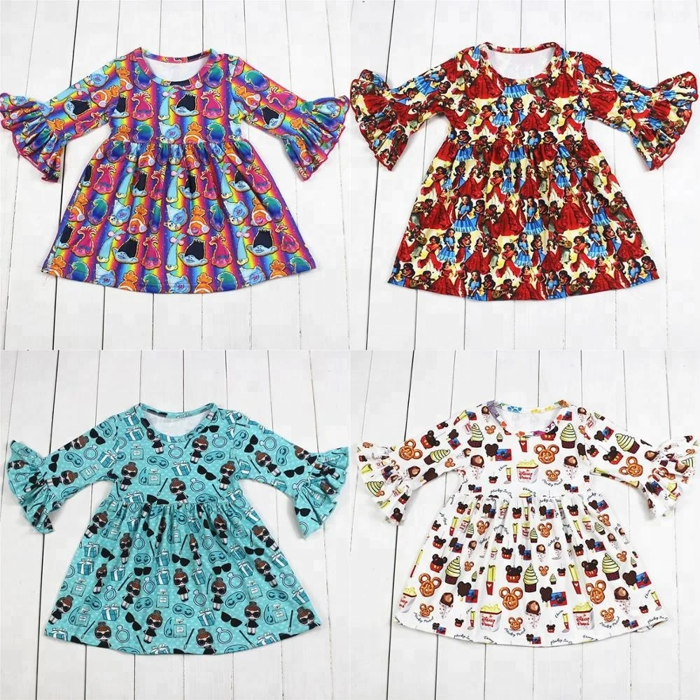 

4 Designs Girls Party Dress children's boutique clothes doll prints girls dress baby dresses Milksilk bulk wholesales 2019