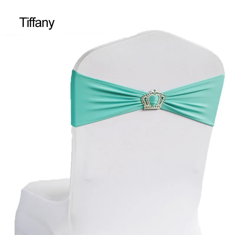 Tiffany 100 свадебные чехлы на стулья с пряжкой в форме короны, лента из спандекса и лайкры для свадебной вечеринки, дня рождения, украшения стульев - Цвет: Tiffany