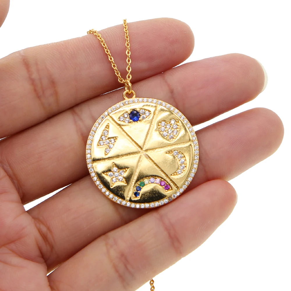 Круглый кулон ожерелье для женщин очаровательное Радужное cz диск гравировка