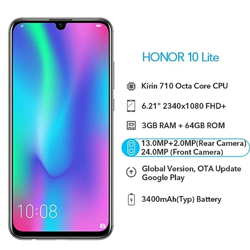 Глобальная версия Honor 10 Lite, 3G, 32G, Android 9,0, 6,21 дюйма, FHD, 2340X1080, двойной шрифт, задняя камера 24 МП, AI, отпечаток пальца, 710, Восьмиядерный