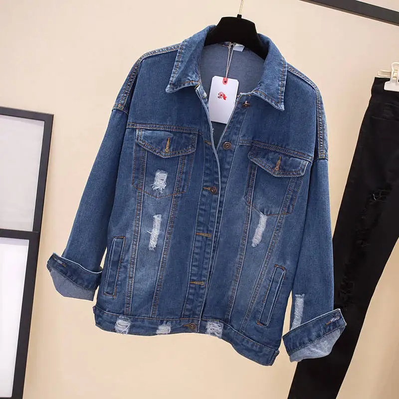 Большой Размеры джинсовая куртка Новинки для женщин Демисезонный отверстие