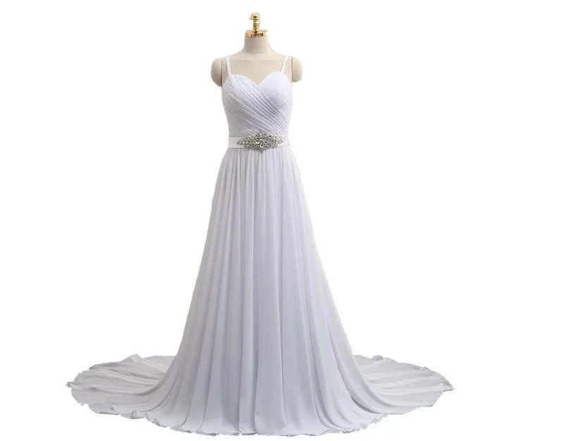 

New A-Line Spaghetti Straps Beach Wedding Dresses Chiffon Court Train Backless Wedding Dresses