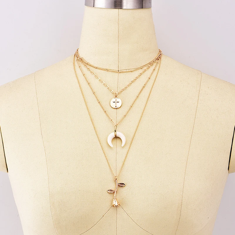 4 шт./компл. женское ожерелье богемный диск крест Луна розовая бусина цепочка
